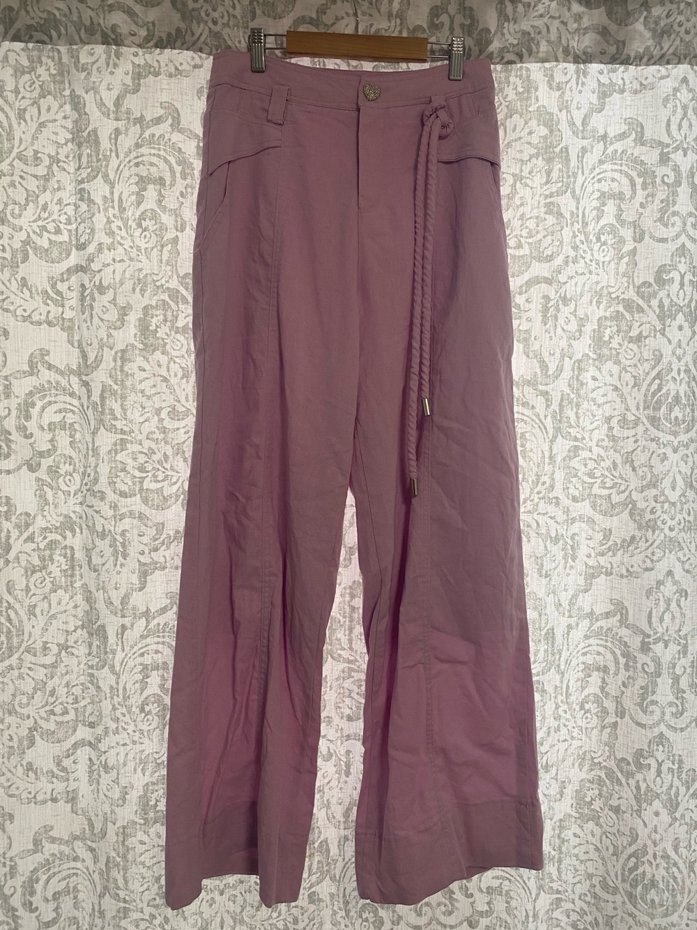 Balboa High Waisted Super Wide Leg Boho Festival Belted Linen Pants Purple M